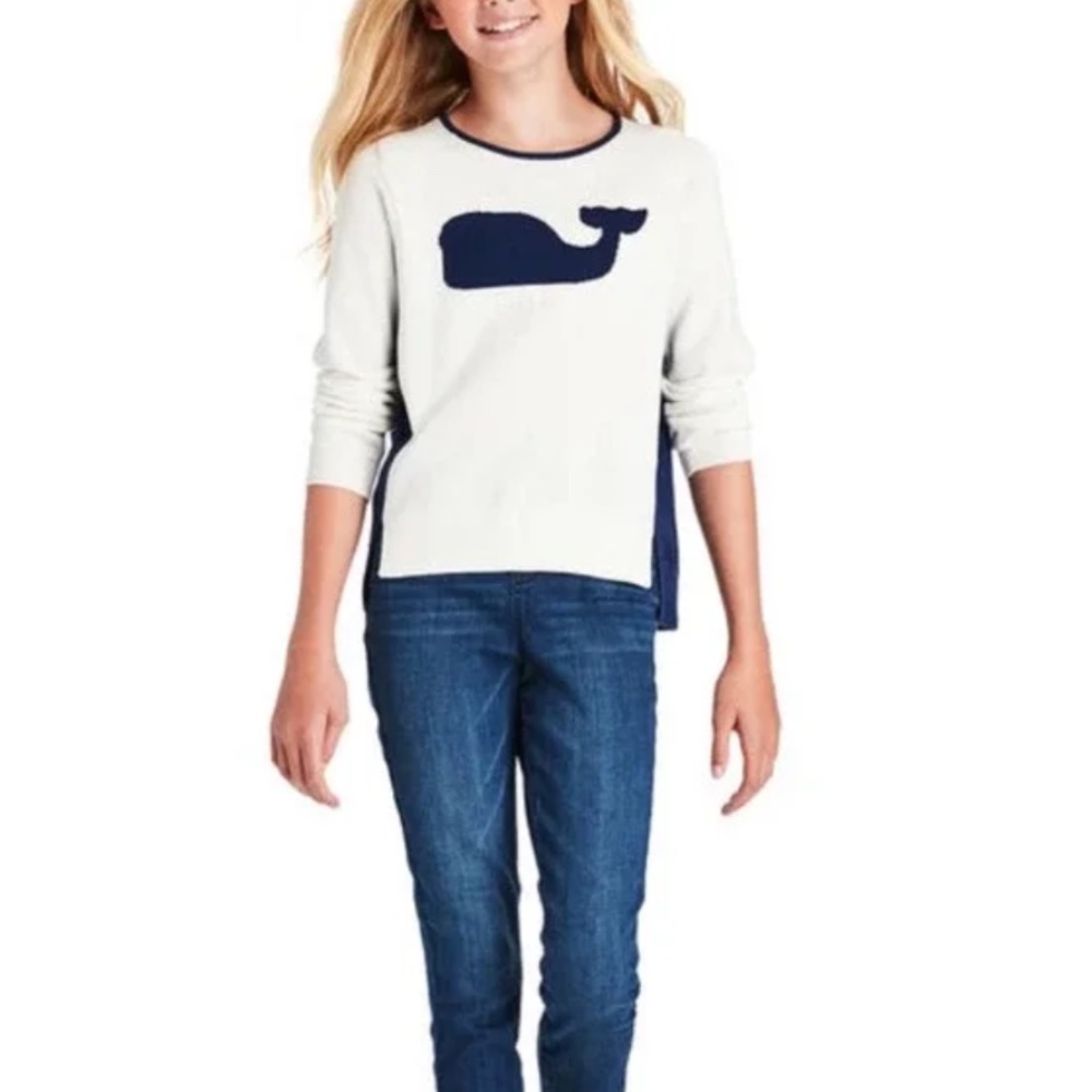 Vineyard Vines Girls Cotton Raglan Relaxed Whale Intarsia Crewneck Sweater